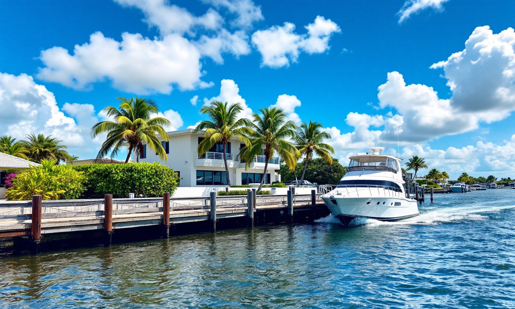 Waterfront house with a dock and a motor yacht on a Fort Lauderdale canal under afternoon sun